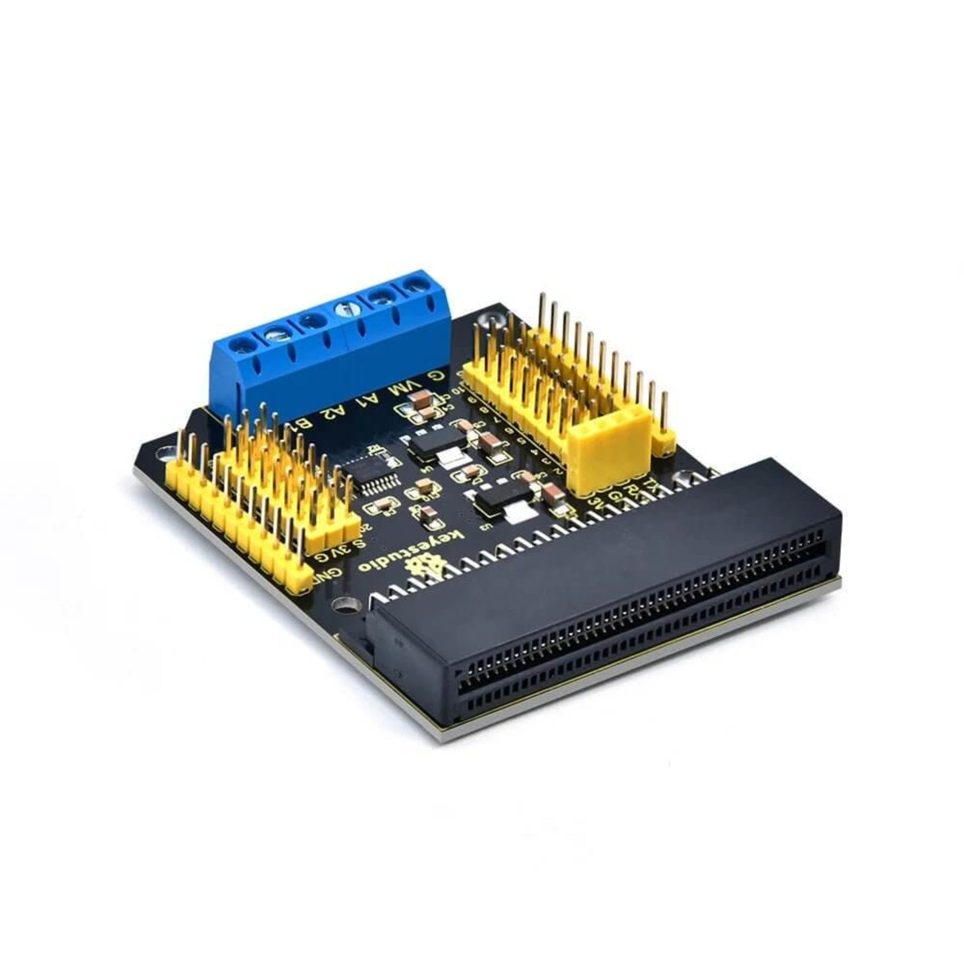 Keyestudio Micro Bit DRV8833 Motor Driver Expansion Board with pin headers and connectors, ideal for programming projects.