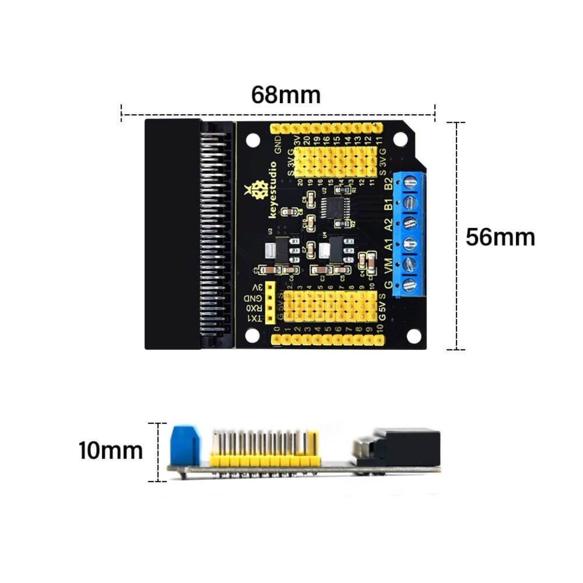 Keyestudio Micro Bit DRV8833 Motor Driver Expansion Board with dimensions 68mm x 56mm x 10mm for Micro:bit projects.