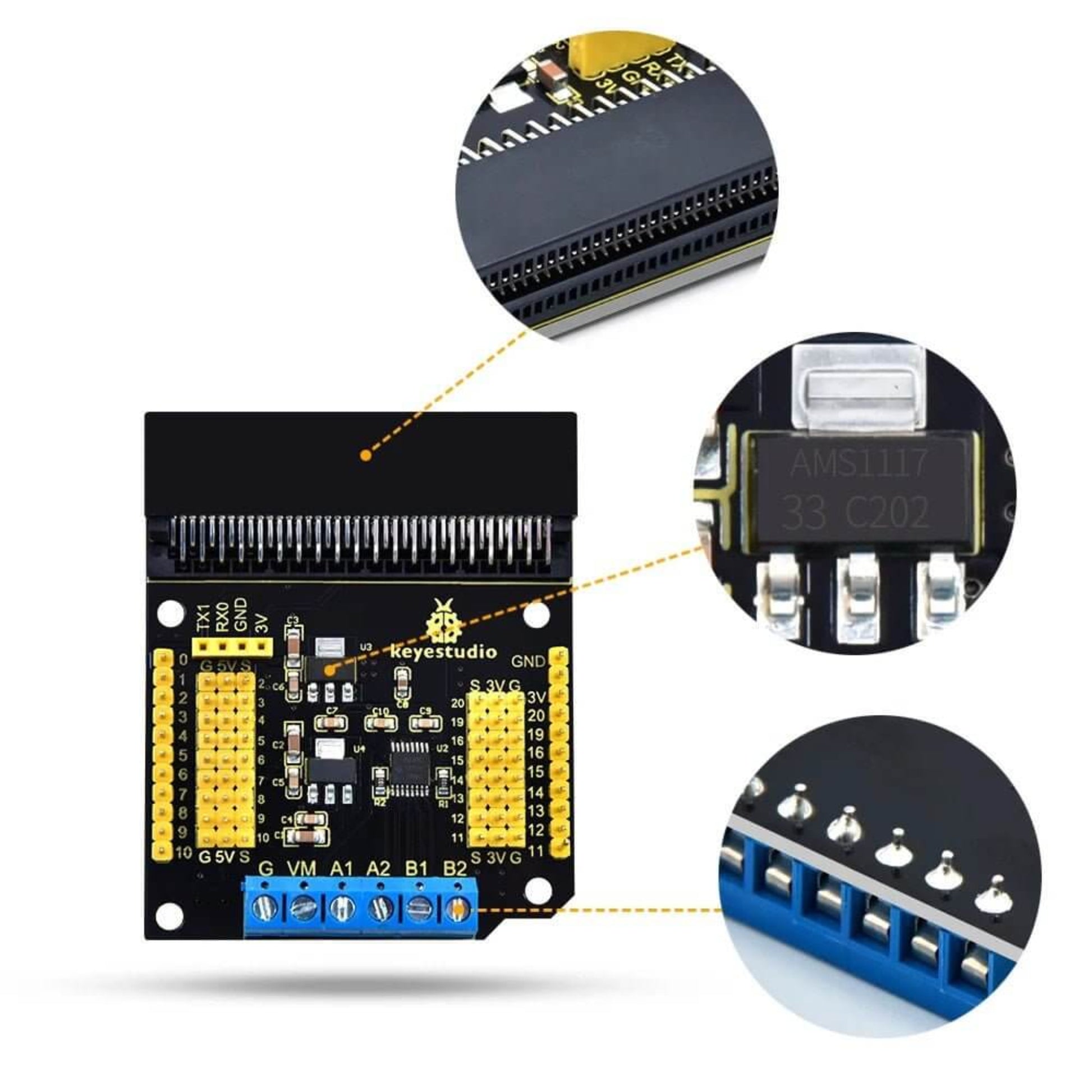 Keyestudio Micro Bit DRV8833 Motor Driver Expansion Board with detailed connections and components.