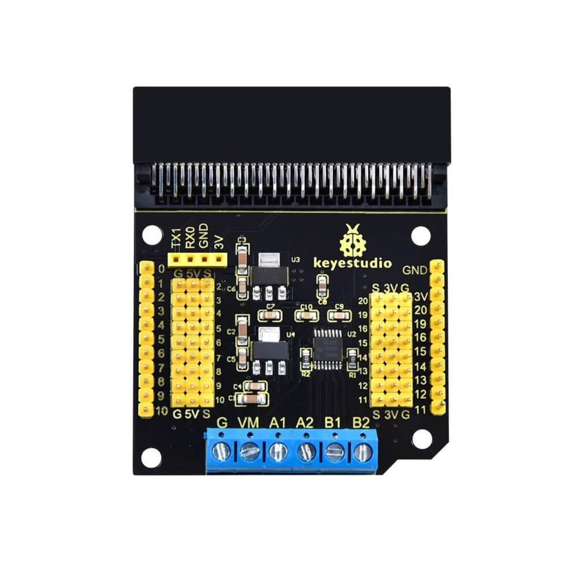 Keyestudio Micro Bit DRV8833 Motor Driver Expansion Board with 3-pin interfaces and outputs for microcontrollers.