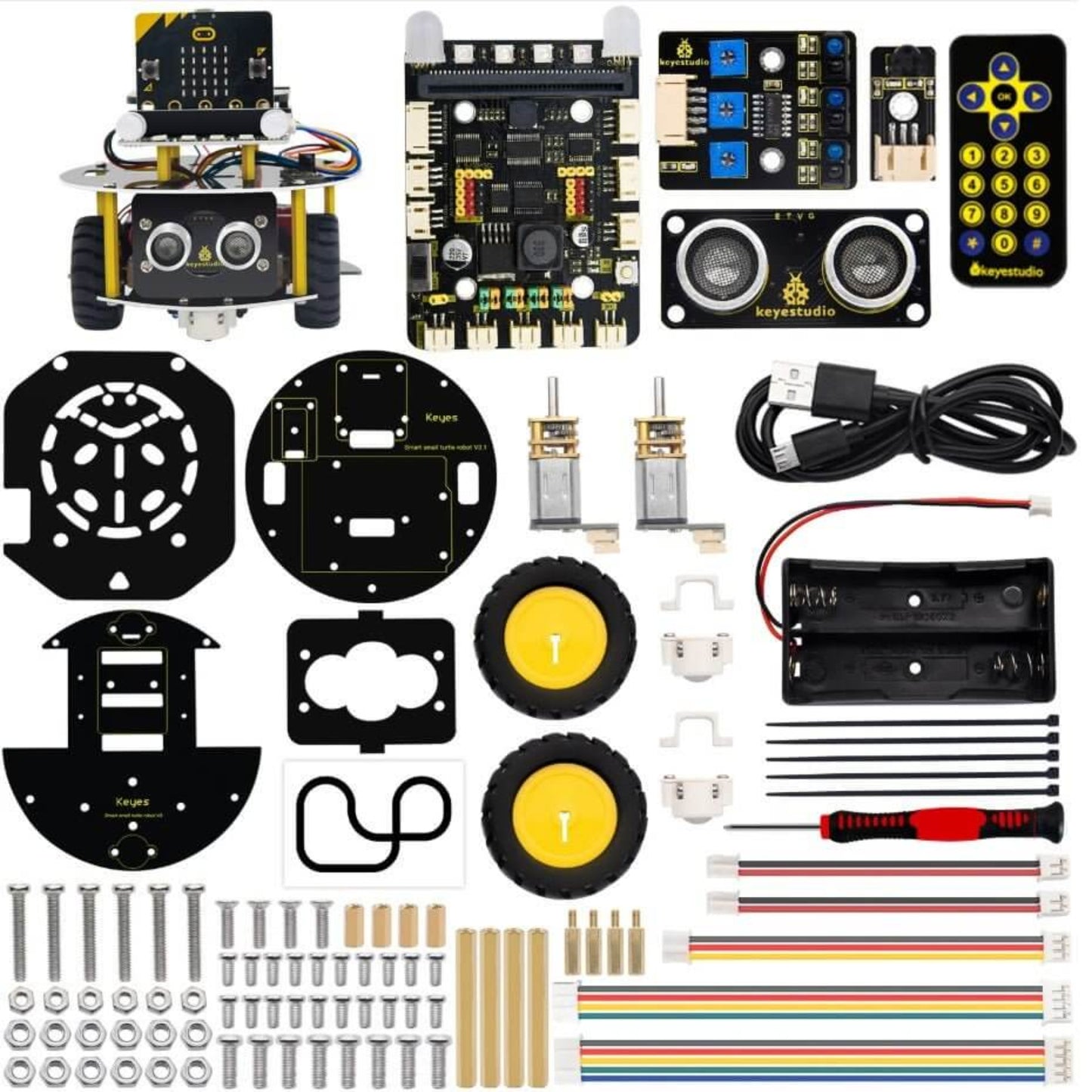Keyestudio Micro:bit Mini Smart Turtle Robot Car kit components including wheels, sensors, and electronic parts for STEM education.