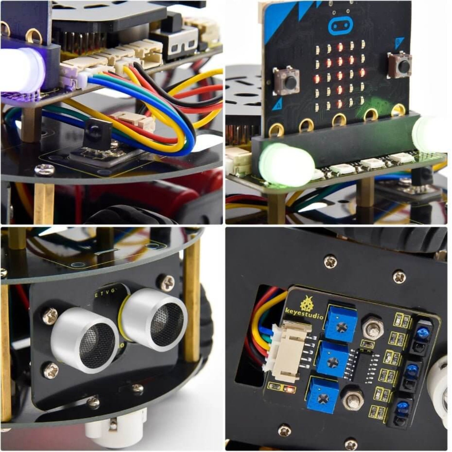 Keyestudio Micro:bit Mini Smart Turtle Robot Car close-up showing sensors, LEDs, and wiring for STEM education.