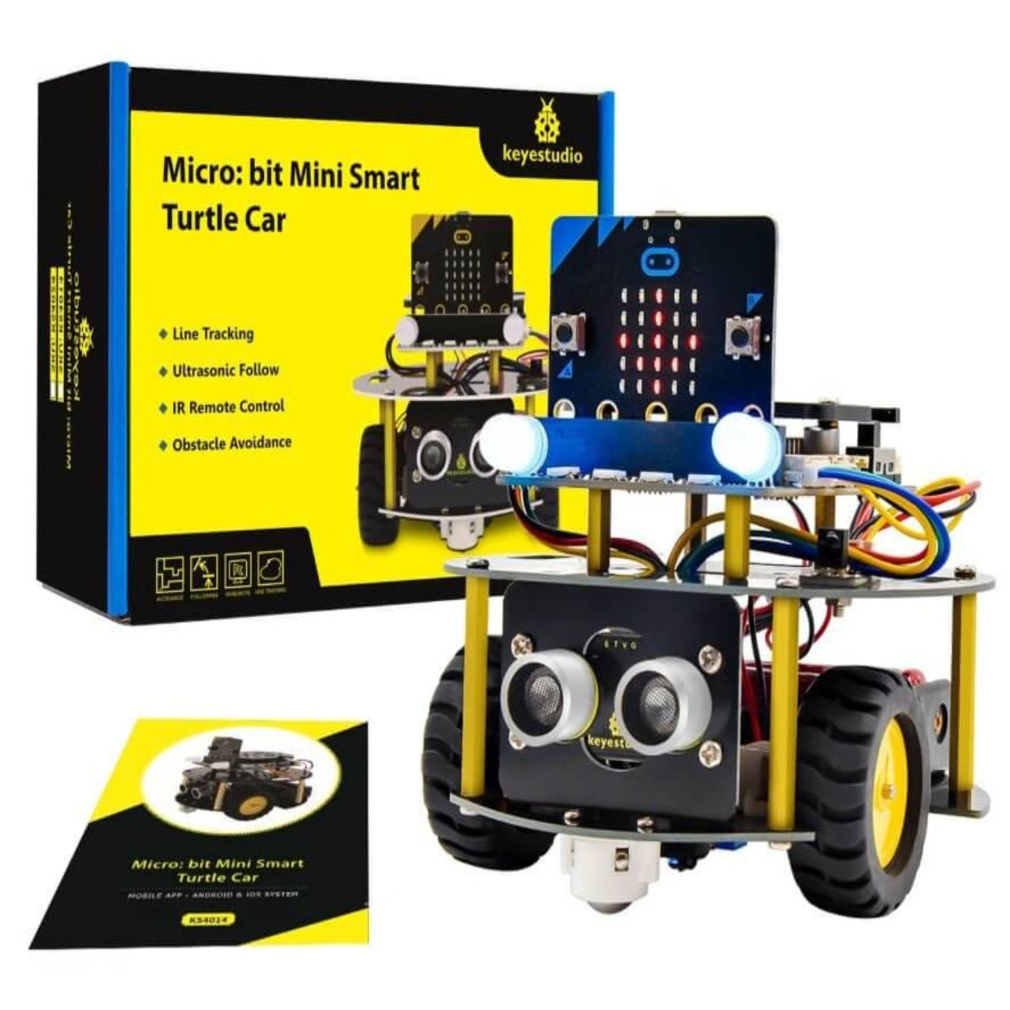 Keyestudio Micro:bit Mini Smart Turtle Robot Car kit with remote control, manual, and packaging for STEM education.