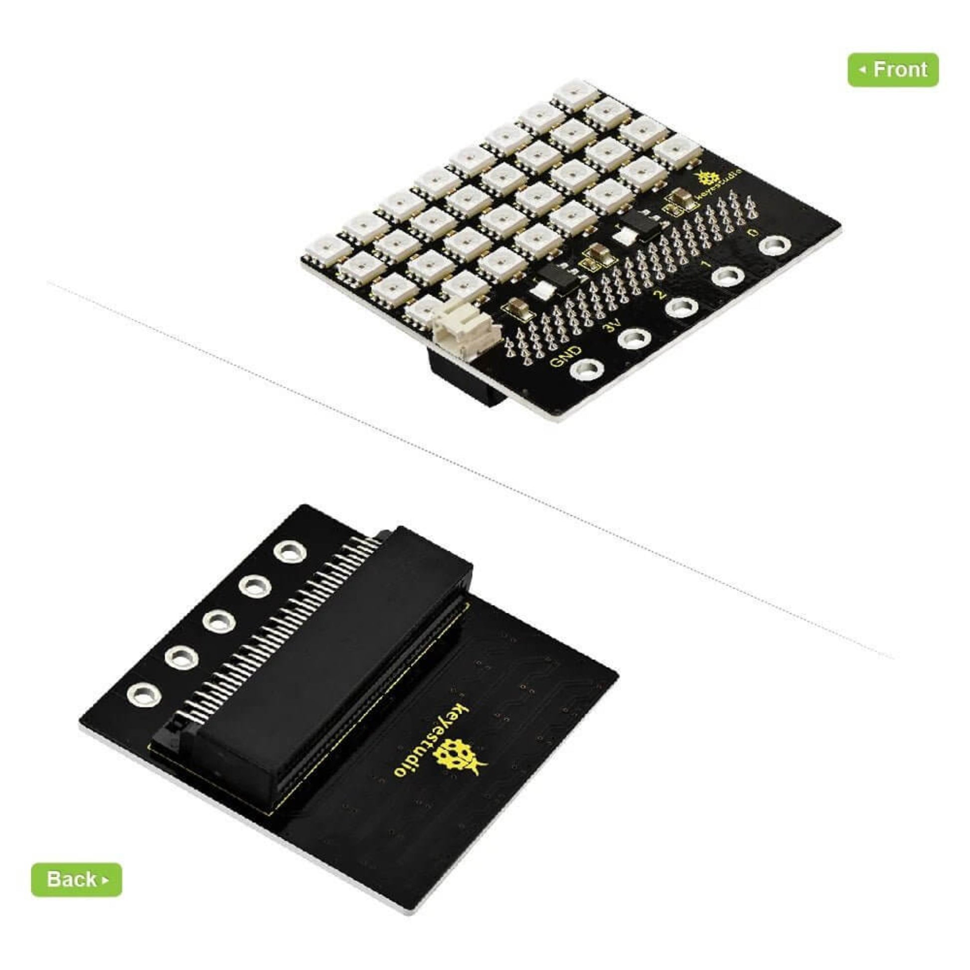 Keyestudio SK6812 4x8 LED matrix shield showcasing front and back view with 32 LED lights and micro:bit compatibility.