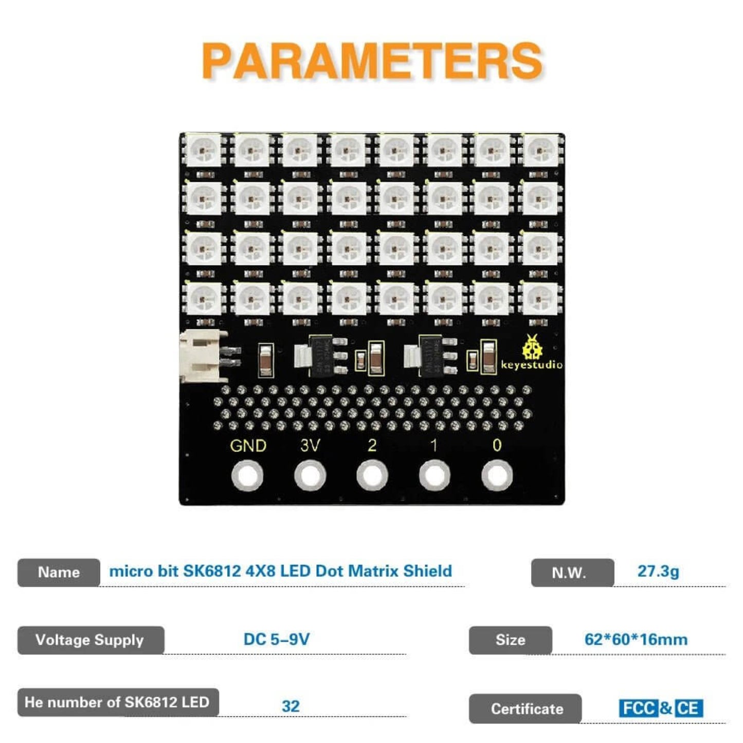 Keyestudio Micro bit SK6812 4x8 LED Dot Matrix Shield with 32 LEDs and voltage supply of DC 5-9V.