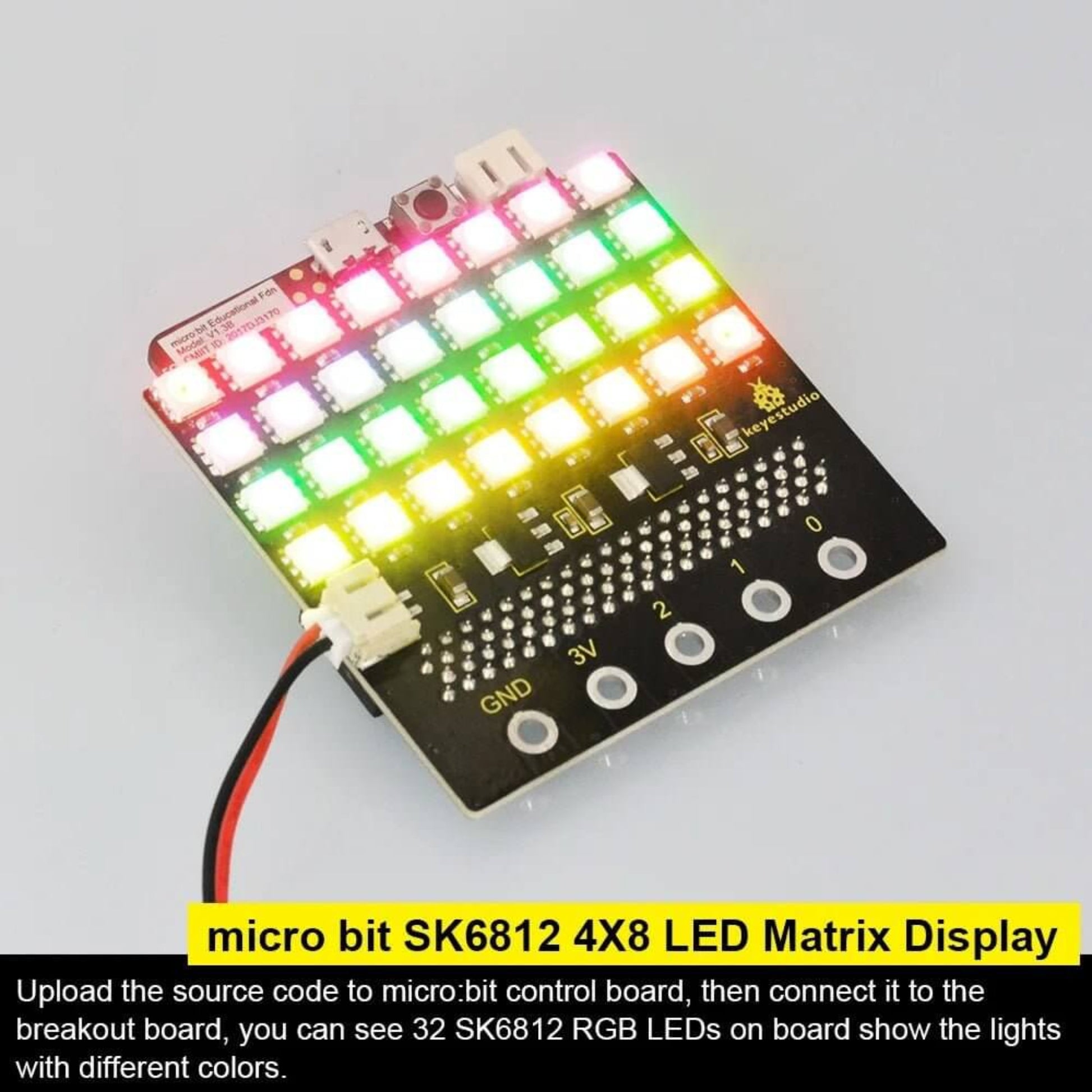 Micro bit SK6812 4x8 LED matrix display with 32 RGB lights connected to a control board, showcasing vibrant colors.