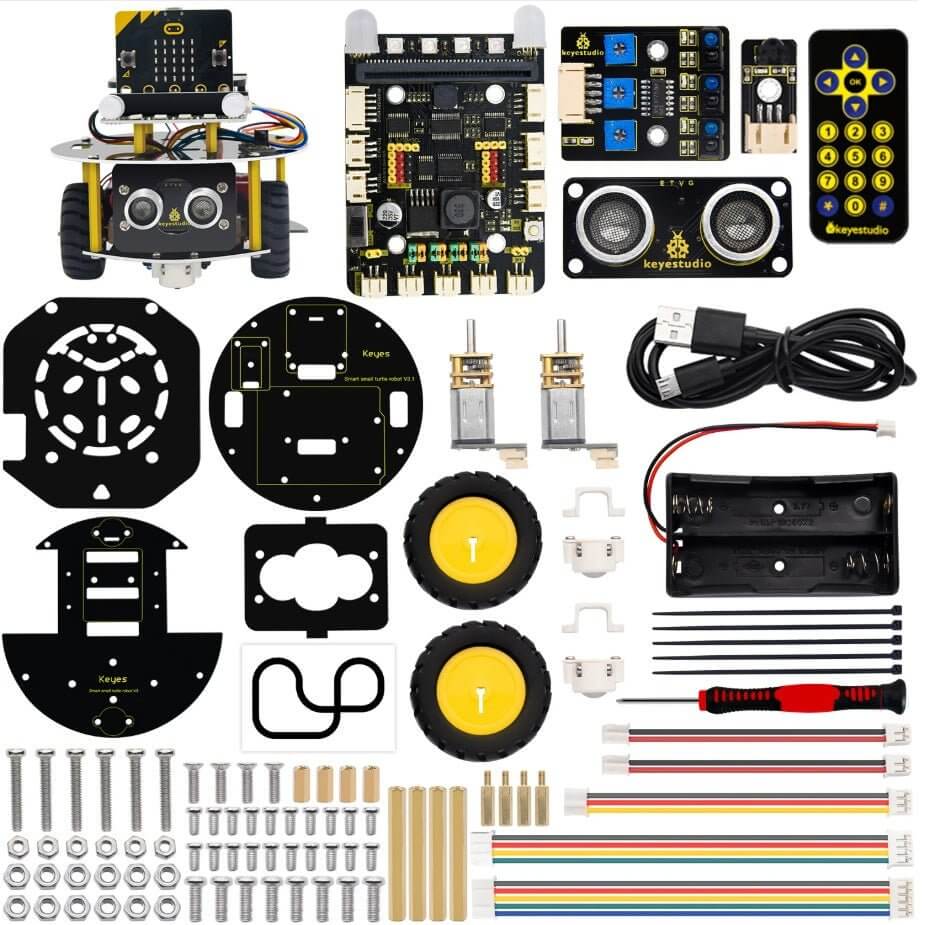 Keyestudio Micro:bit Mini Smart Turtle Robot Car kit components including wheels, sensors, and electronic parts for STEM education.