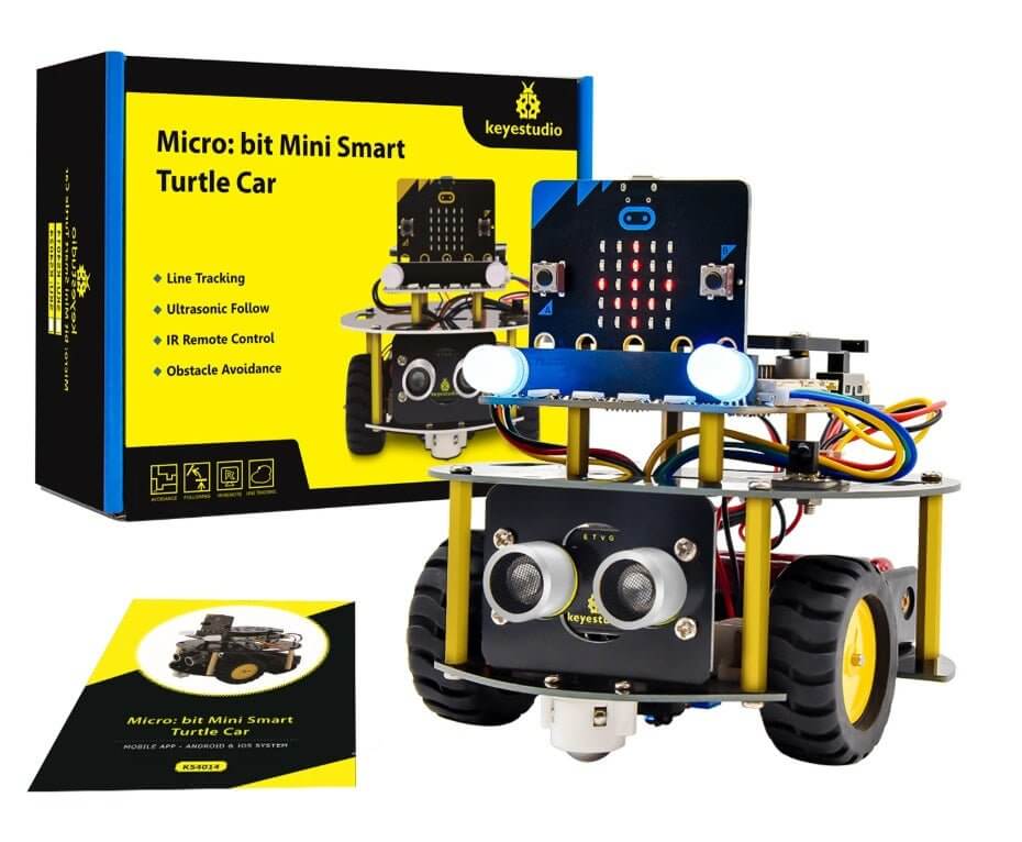 Keyestudio Micro:bit Mini Smart Turtle Robot Car kit with remote control, manual, and packaging for STEM education.
