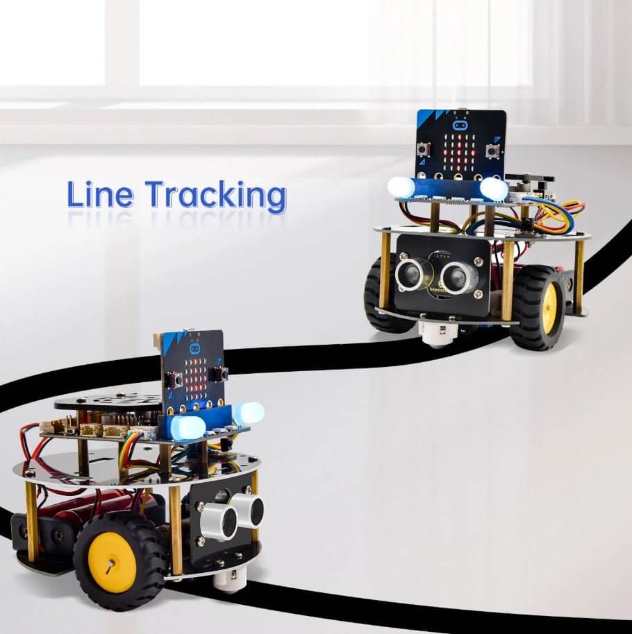 Keyestudio Micro:bit Mini Smart Turtle Robot Car demonstrating line tracking technology for STEM education.