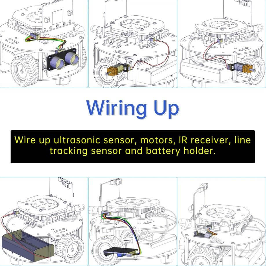 Wiring guide for Keyestudio Mini Smart Turtle Robot, showing connections for sensors and battery holder.