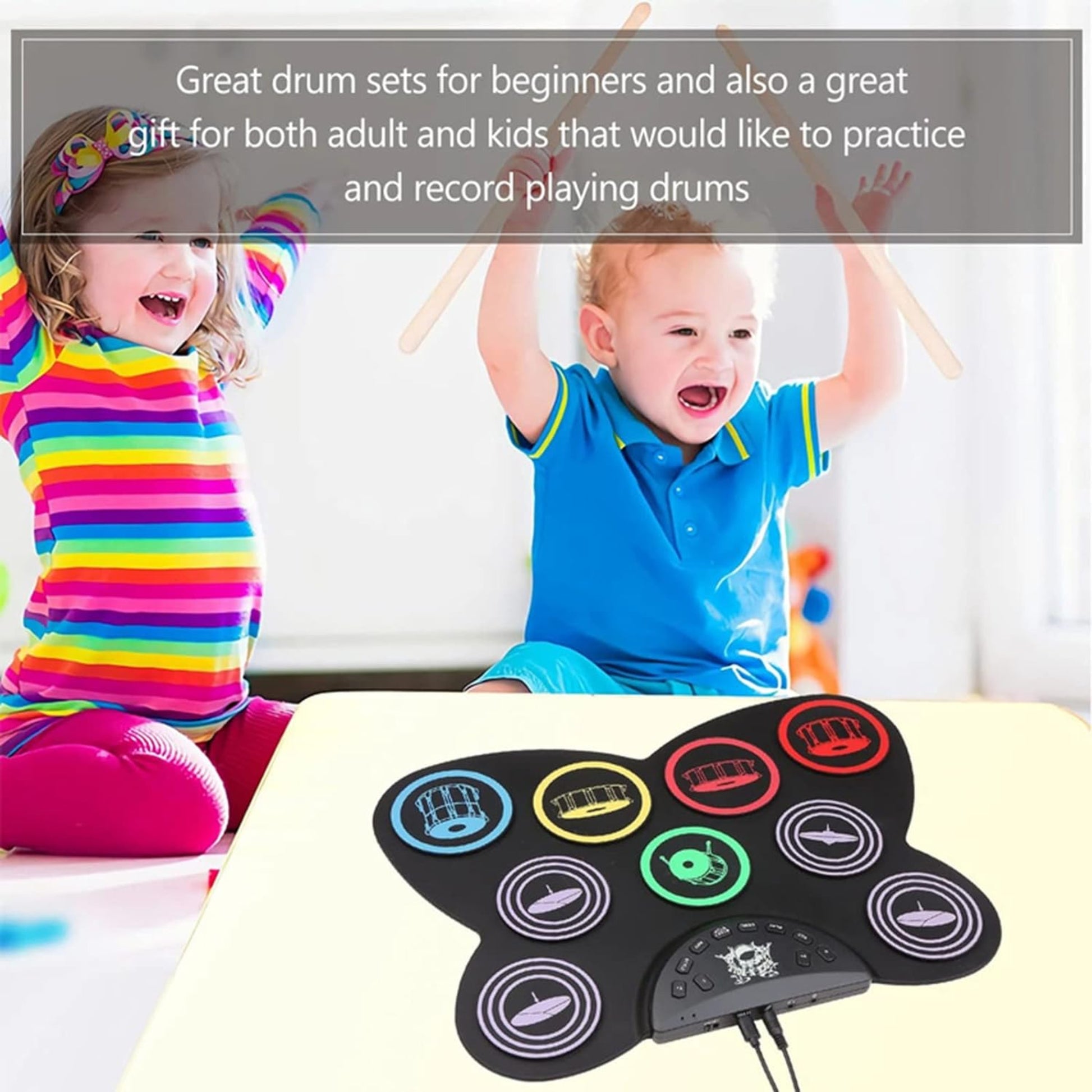 Kids enjoying the Portable 9-Pad Electronic Drum Set, a fun gift for beginners to practice and record on the go.
