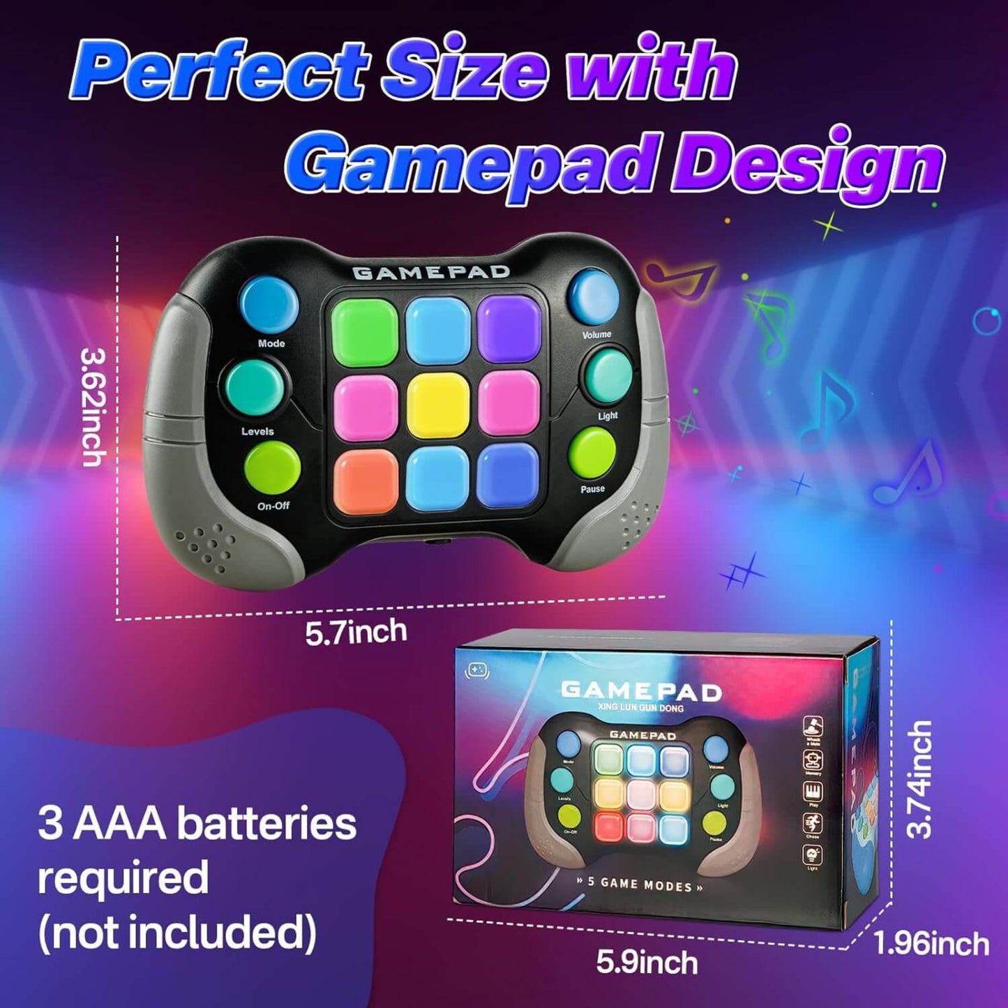 Colorful kids handheld gamepad in perfect size, featuring 5 game modes and dimensions of 5.7 x 3.62 inches.
