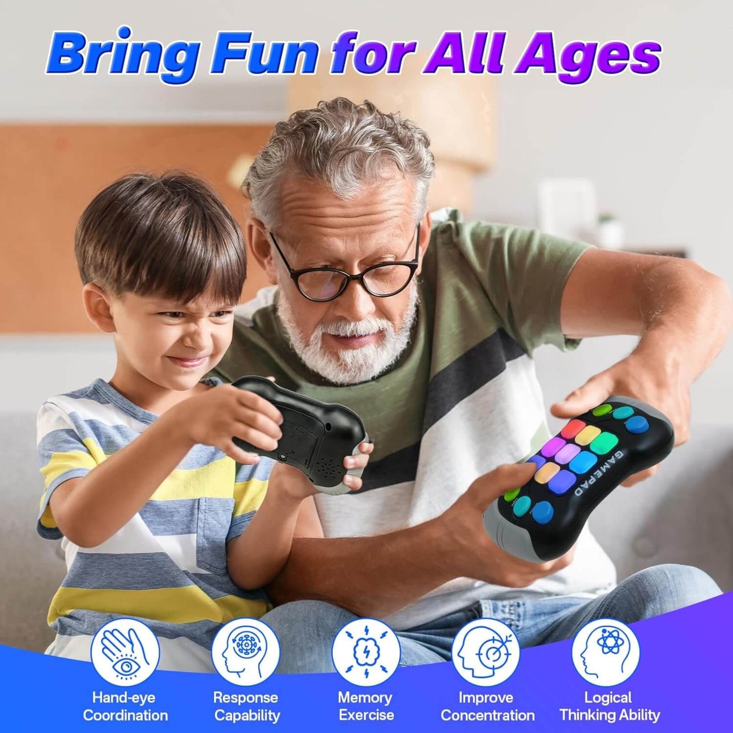 Kids and adult playing with a handheld gamepad, promoting fun, coordination, and memory skills for all ages.