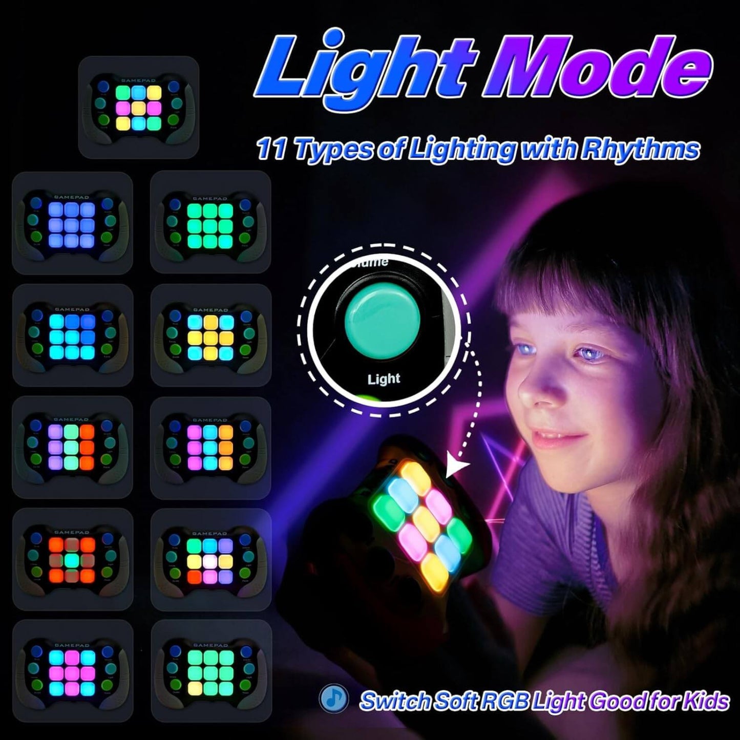 Kids handheld gamepad light mode showcasing 11 types of colorful RGB lighting effects for interactive play.