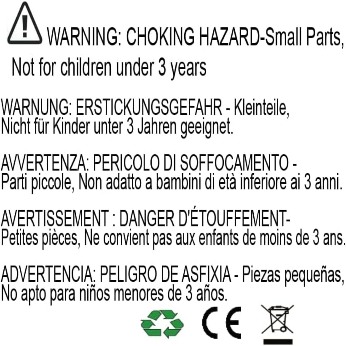 Warning label for choking hazard, not suitable for children under 3 years old, in multiple languages.