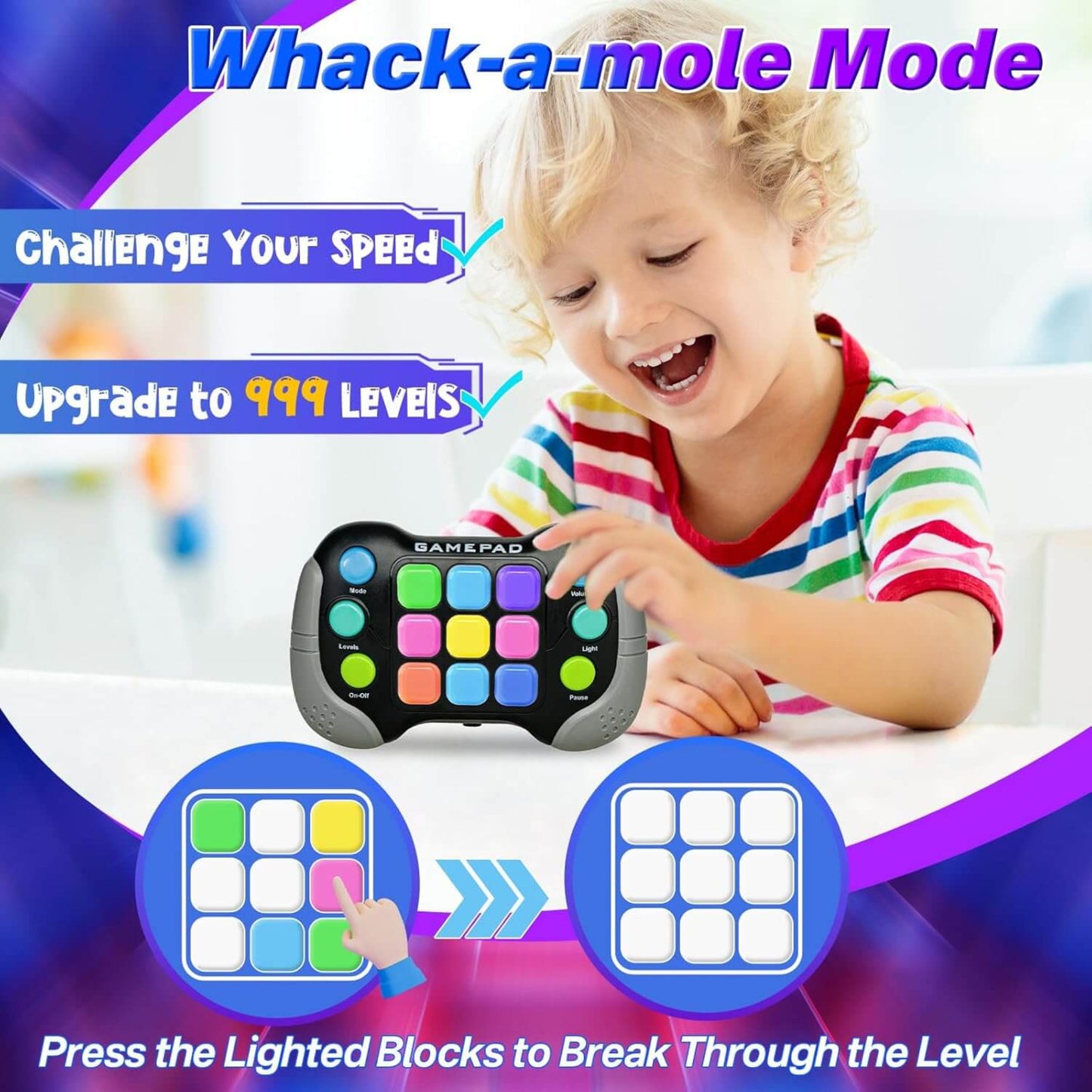 Child playing with Kids Handheld Gamepad in Whack-a-Mole mode, engaging with colorful buttons and sounds.