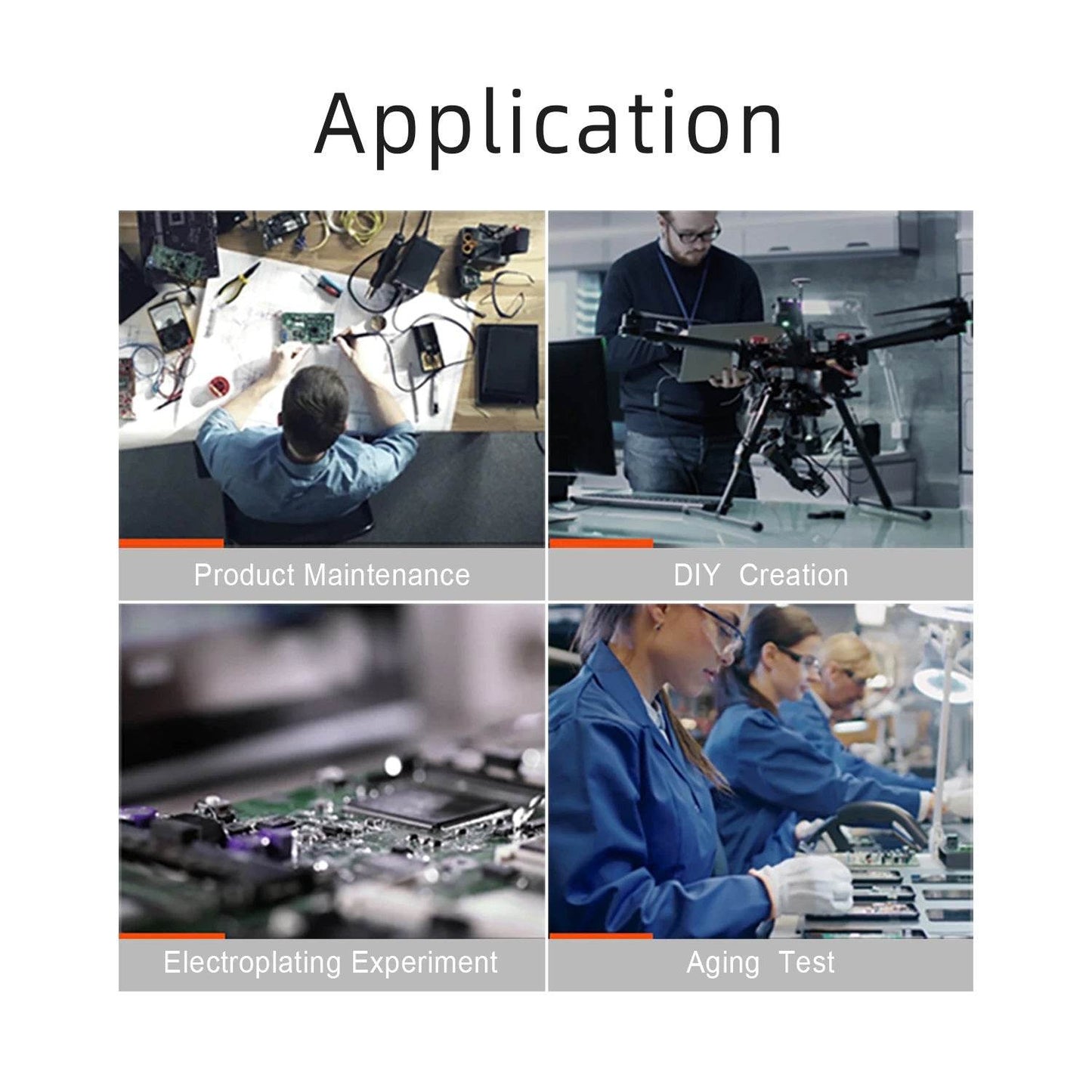 Applications of SPS-C605 Power Supply: product maintenance, DIY creation, electroplating, and aging tests.
