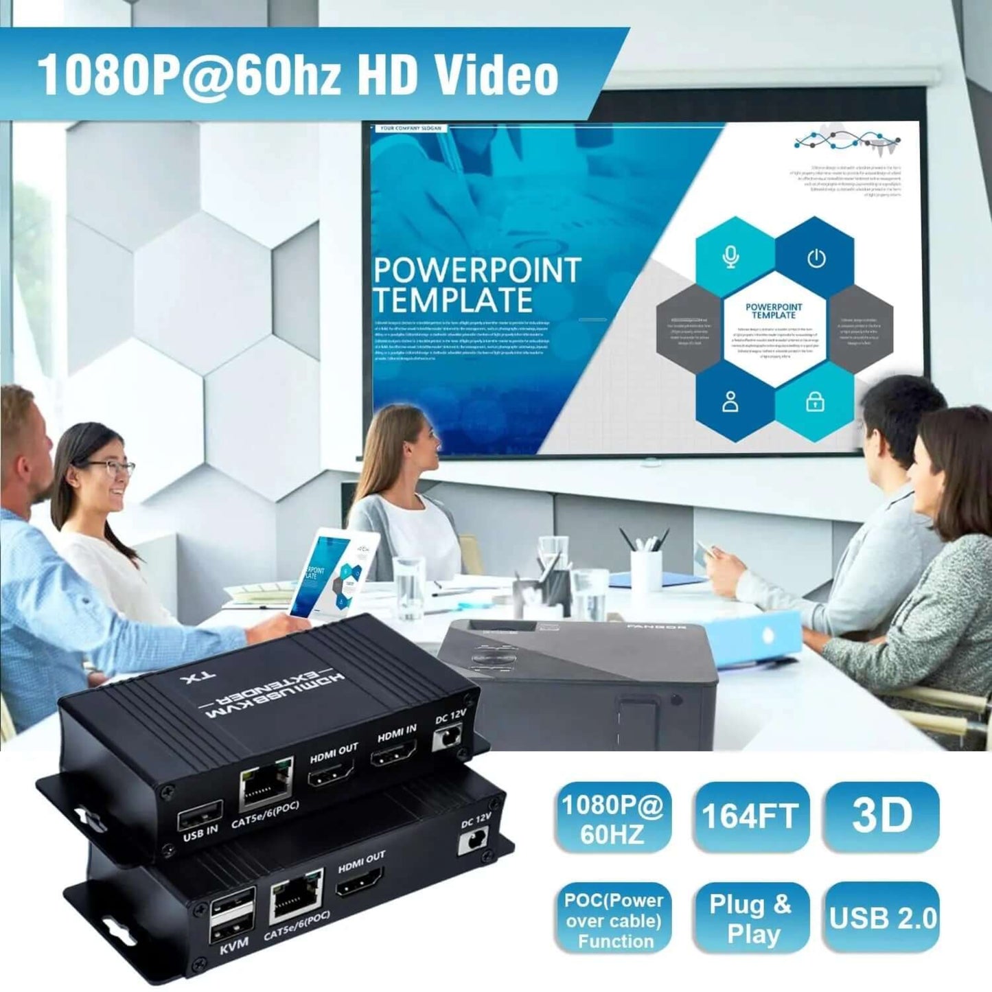 50M HDMI KVM USB Extender for 1080P@60Hz video transmission over Cat5e/6 cable, zero latency, remote control.