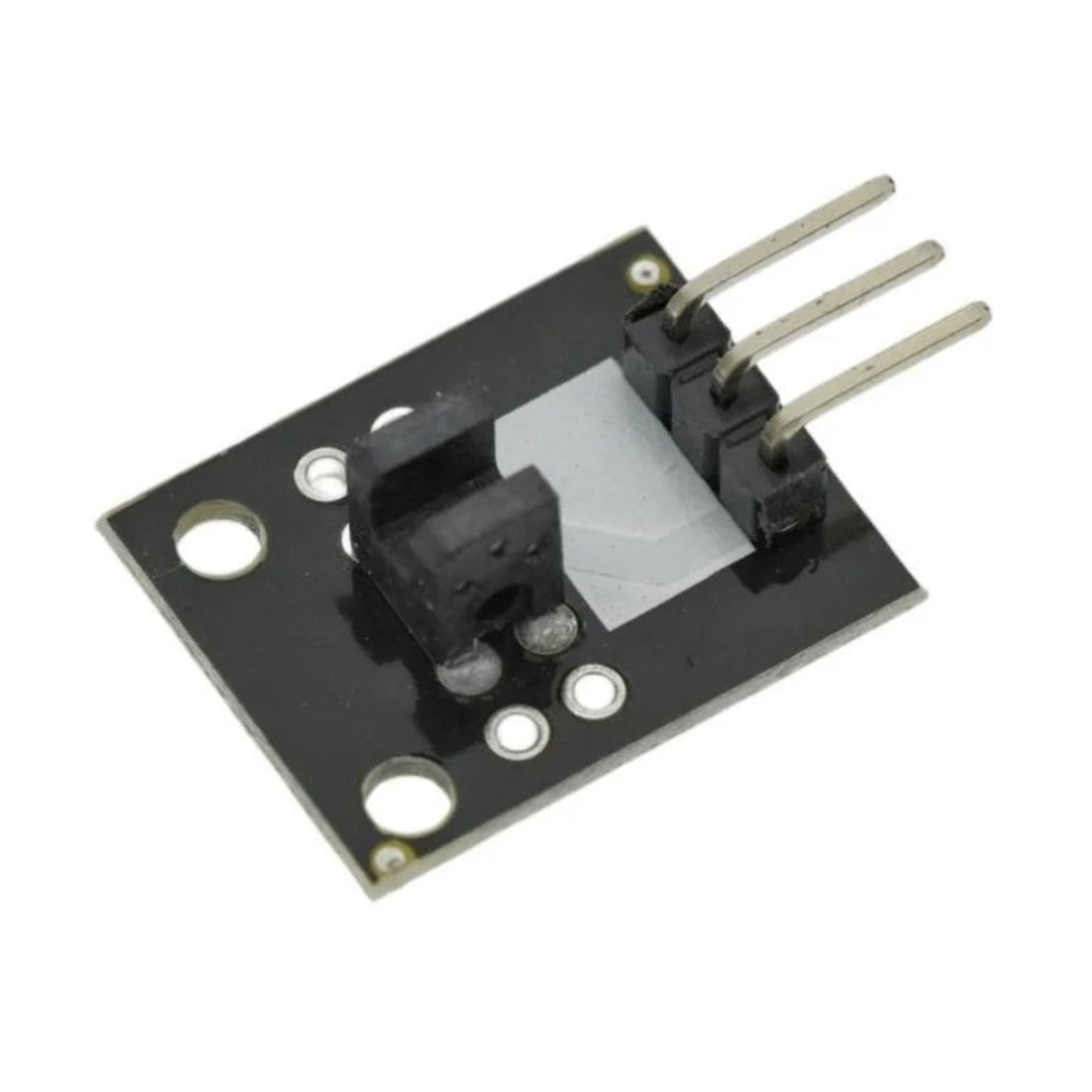 Angled view of the KY-010 light blocking module highlighting the GaAs infrared LED groove and compact black PCB.