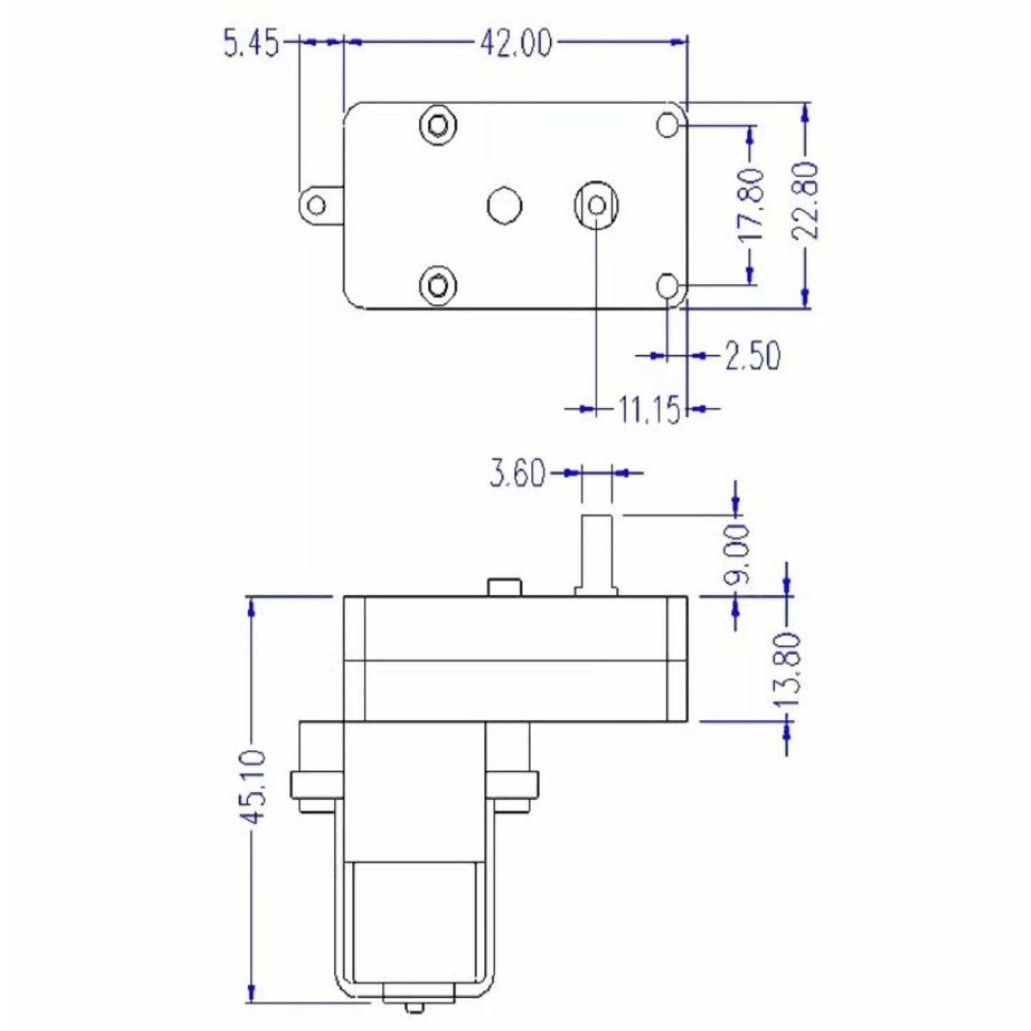 Blueprint and dimension measurements of the L-shaped 3-6V DC gear motor.