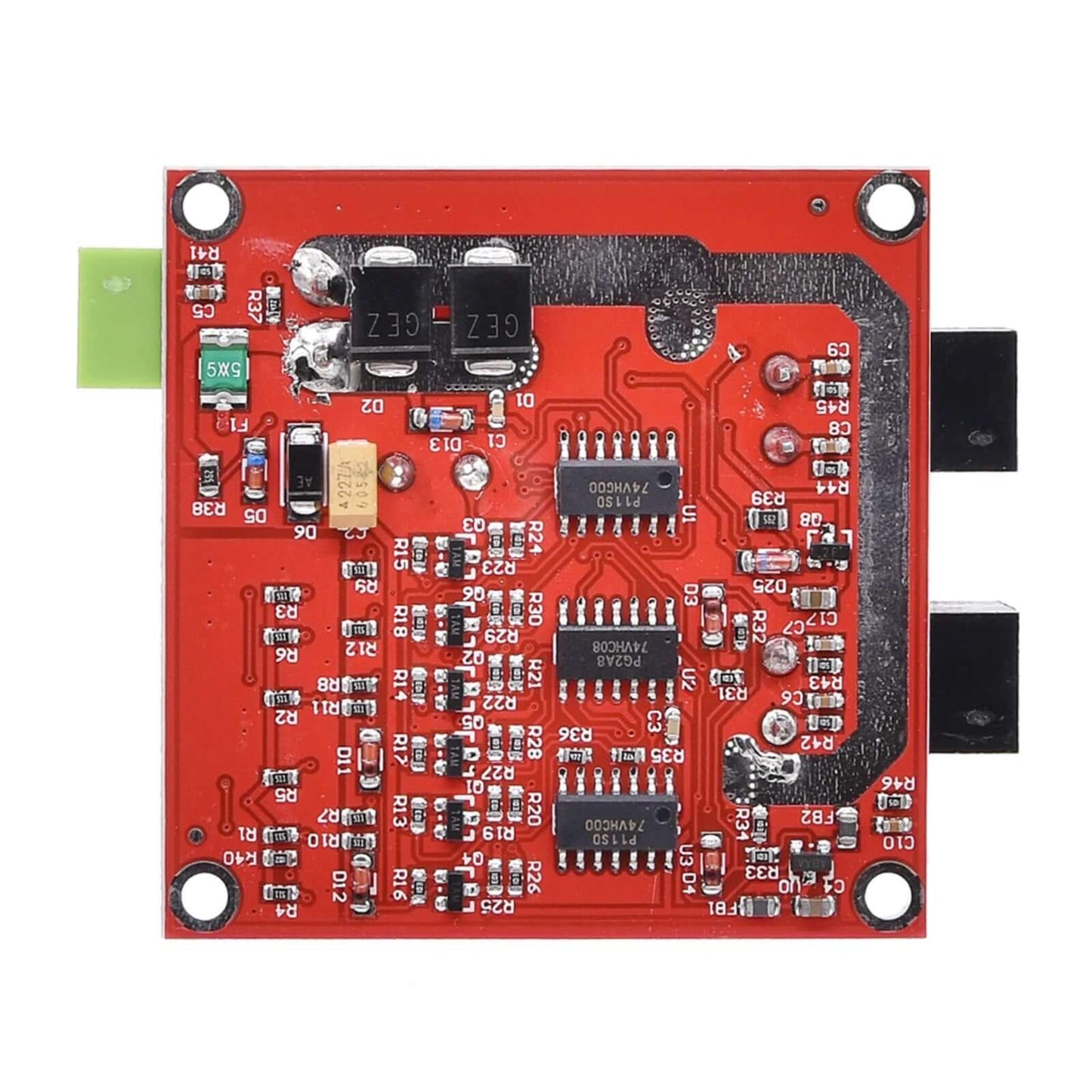 Close-up of L298 motor driver module with red PCB, designed for high-power H-bridge motor control.
