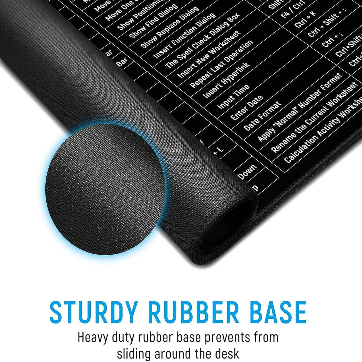 Large office shortcut mouse pad with sturdy rubber base for non-slip desk use providing easy access to keyboard shortcuts.