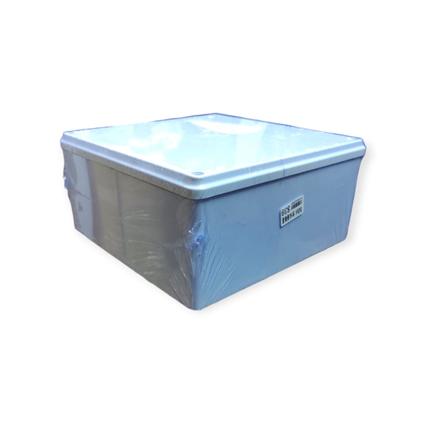 The 9x9 inch waterproof junction box wrapped in protective plastic film.