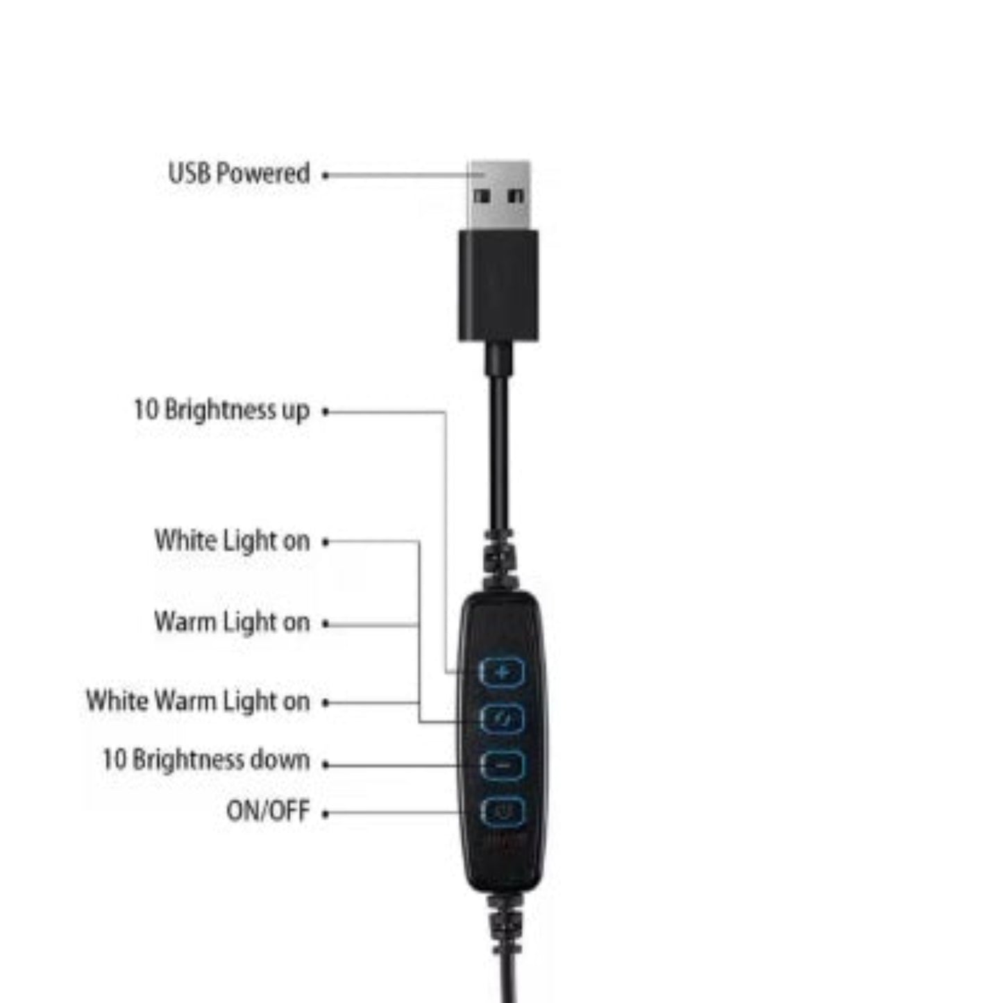 USB LED Clamp Desk Lamp | 3 Color Modes & 10 Brightness Levels control panel with brightness and light mode buttons.