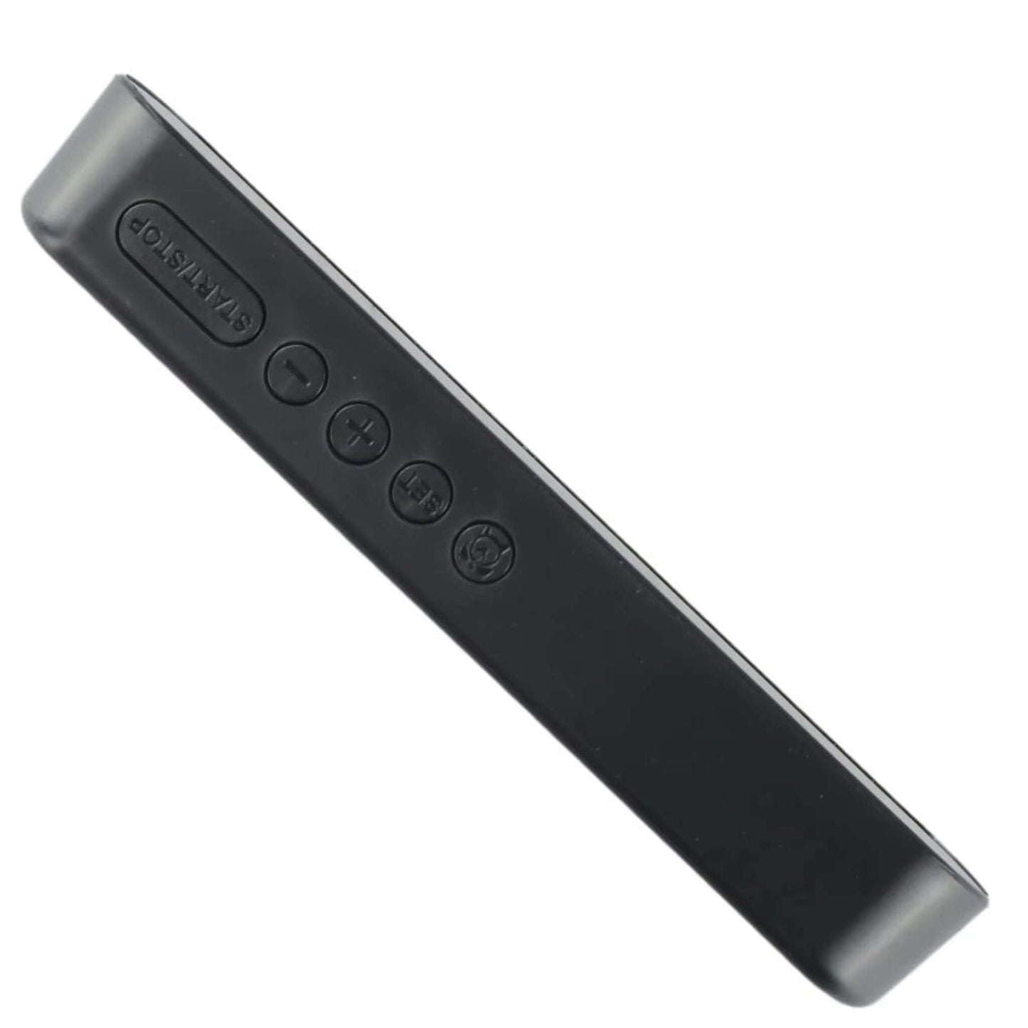 Black remote control with buttons for adjusting settings on electronic devices.