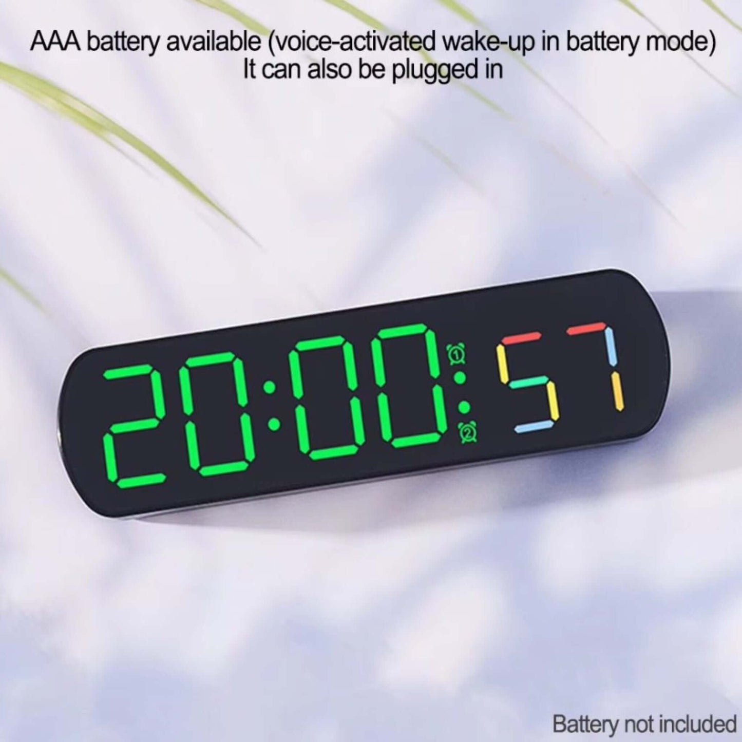 LED digital clock in green with timer, showing time in 24-hour format, powered by battery or USB.