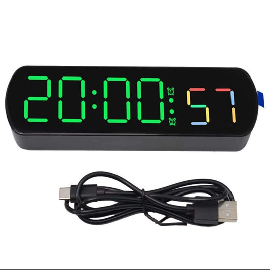 LED digital clock displaying time with green numbers, featuring a USB power cable for convenient charging.