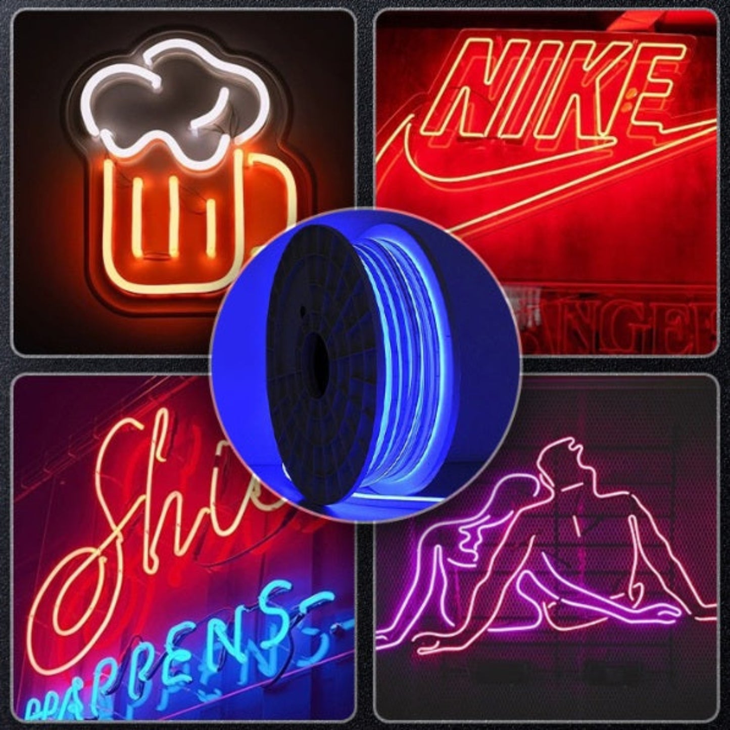 Examples of flexible LED neon strip signs, including a beer mug and Nike logo.