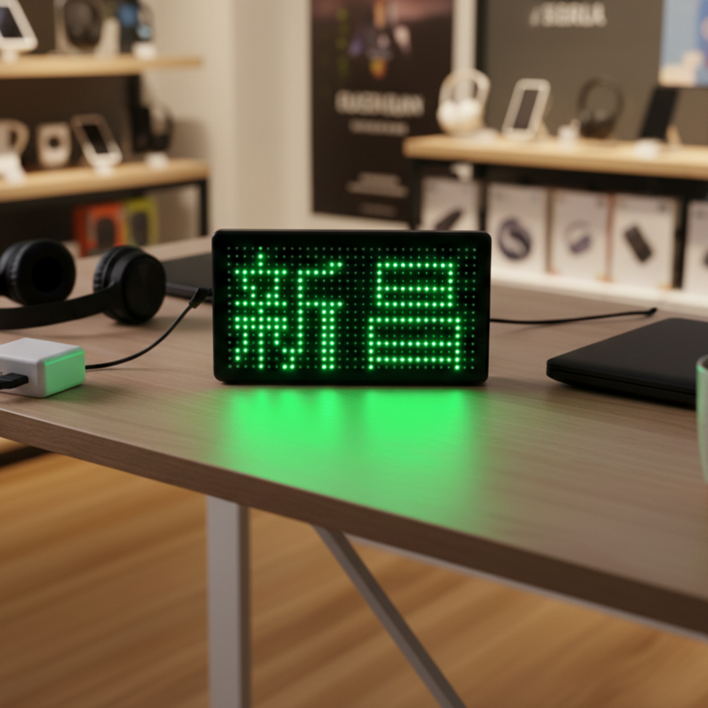 Digital clock with green LED display on a table in a store setting