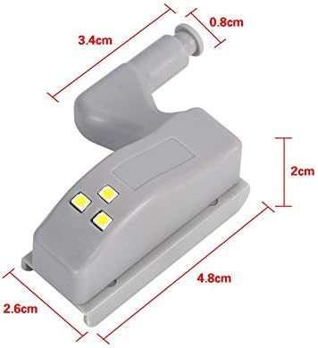 Cabinet hinge LED light in gray color with measurements and two light buttons for modern kitchen cabinets.