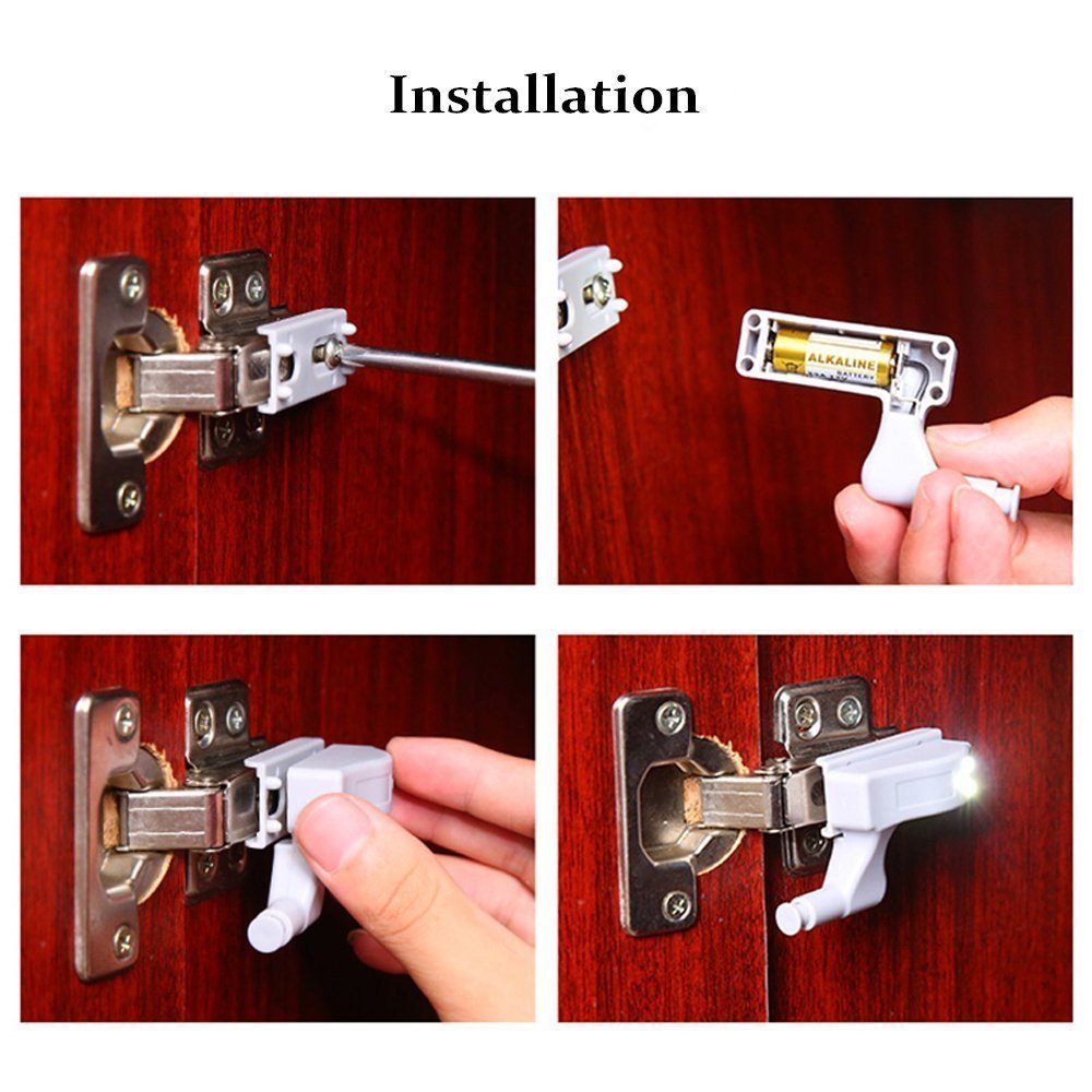 Step-by-step installation of cabinet hinge LED light, showcasing battery insertion and fitting process.