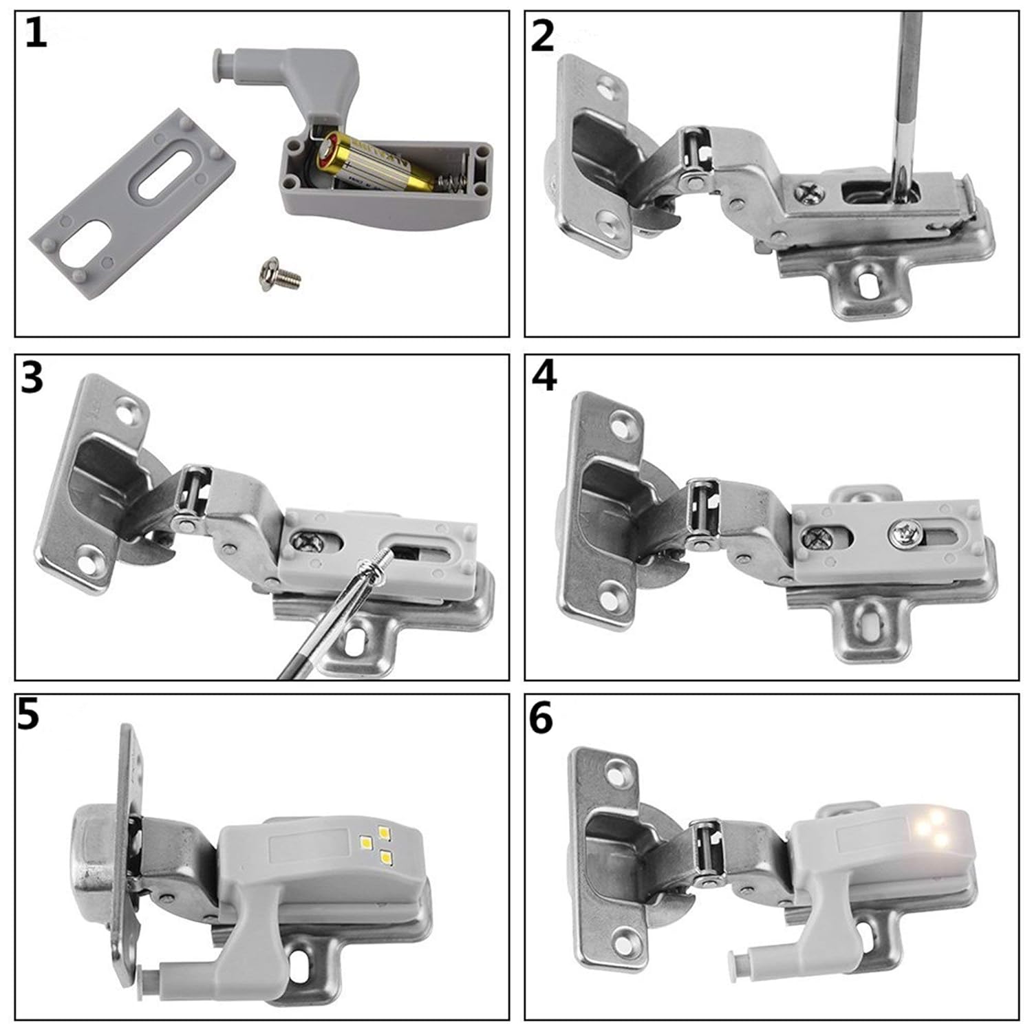 Step-by-step assembly guide for Cabinet Hinge LED Lights installation with 6 detailed images.