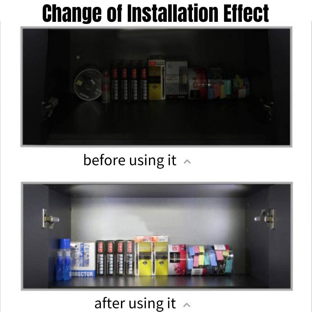 Before and after installation of cabinet hinge LED lights showing improved visibility in a cupboard.