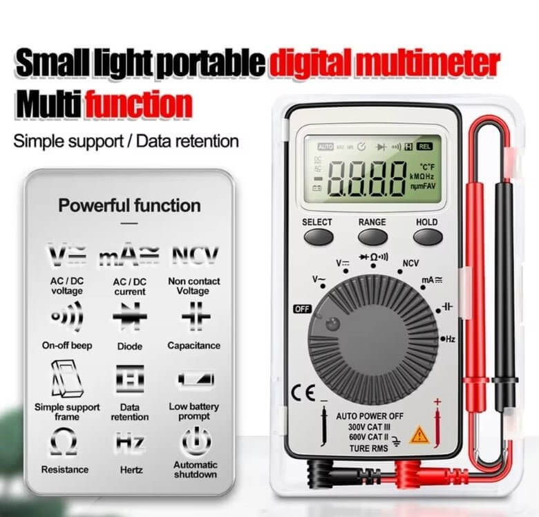 Portable digital multimeter with multifunction features for measuring voltage, current, resistance, and capacitance.