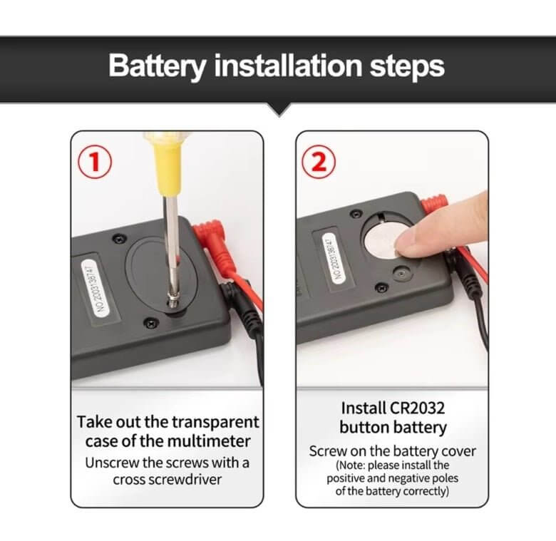 Battery installation steps for LED Digital Multimeter: unscrew case, install CR2032 battery, and secure cover.