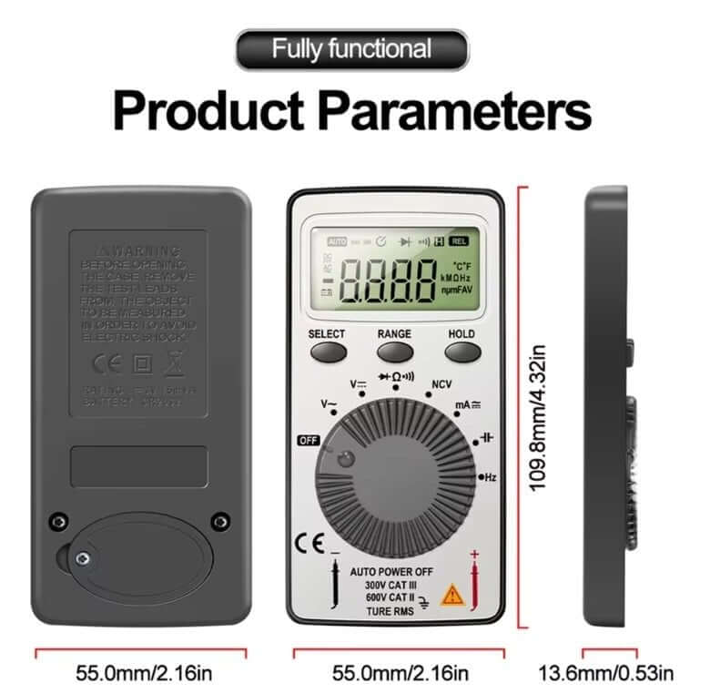 LED Digital Multimeter showing product parameters and dimensions for multifunctional testing tools.