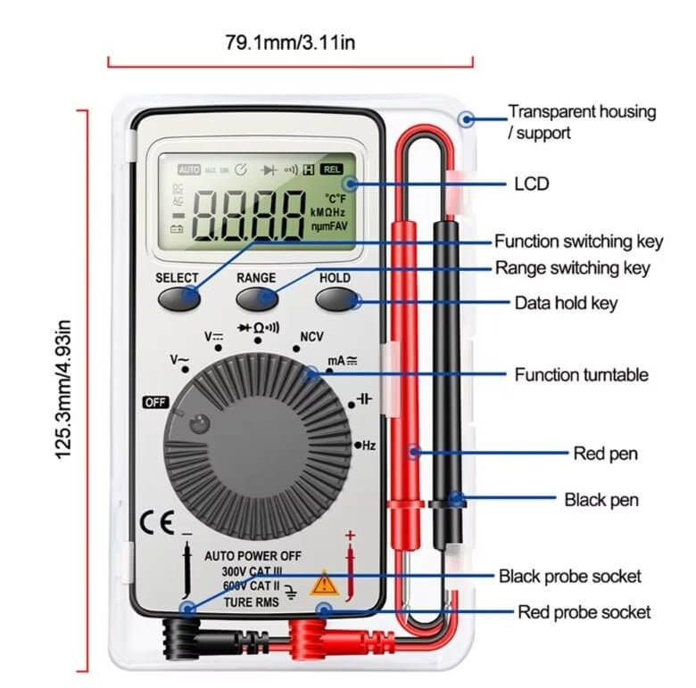 LED Digital Multimeter with LCD display, function keys, and probe sockets for accurate voltage and current measurements.