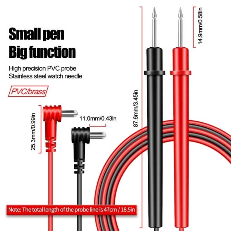 Small precision testing probes in red and black with sizes and materials displayed for digital multimeter use.