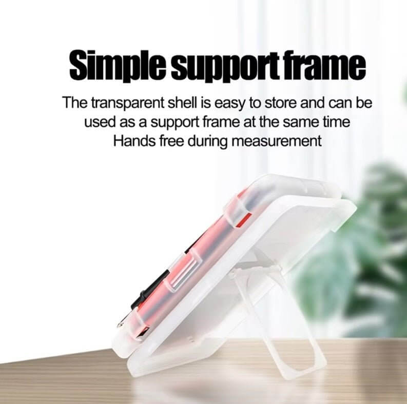 Simple support frame for digital multimeter, transparent shell for easy storage and hands-free measurement.