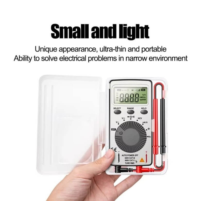 Compact LED Digital Multimeter showcasing its portable design and functionality for electrical testing in tight spaces.