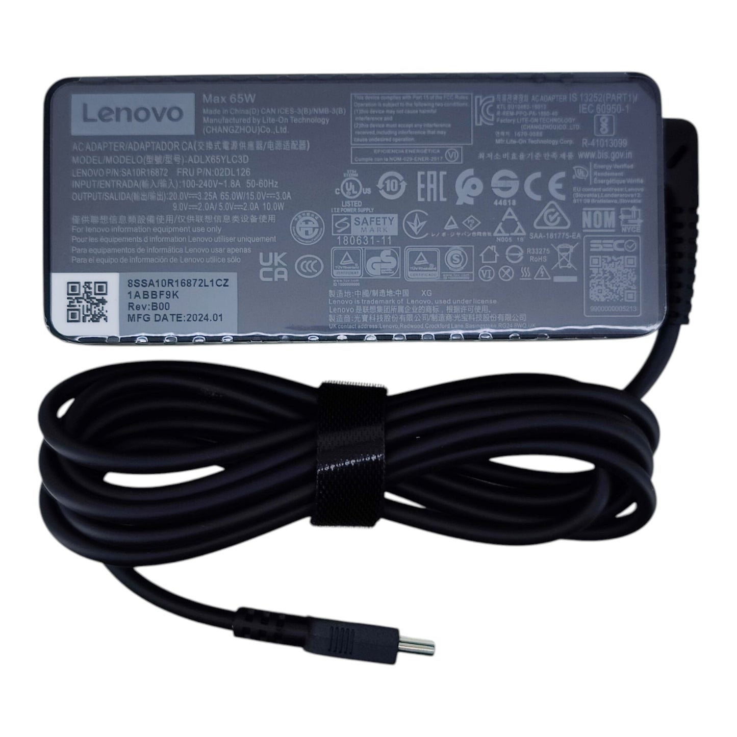 Technical specs for Lenovo ADLX65YLC3D charger: 20V 3.25A, 15V 3A, 9V 2A, and 5V 2A output details.