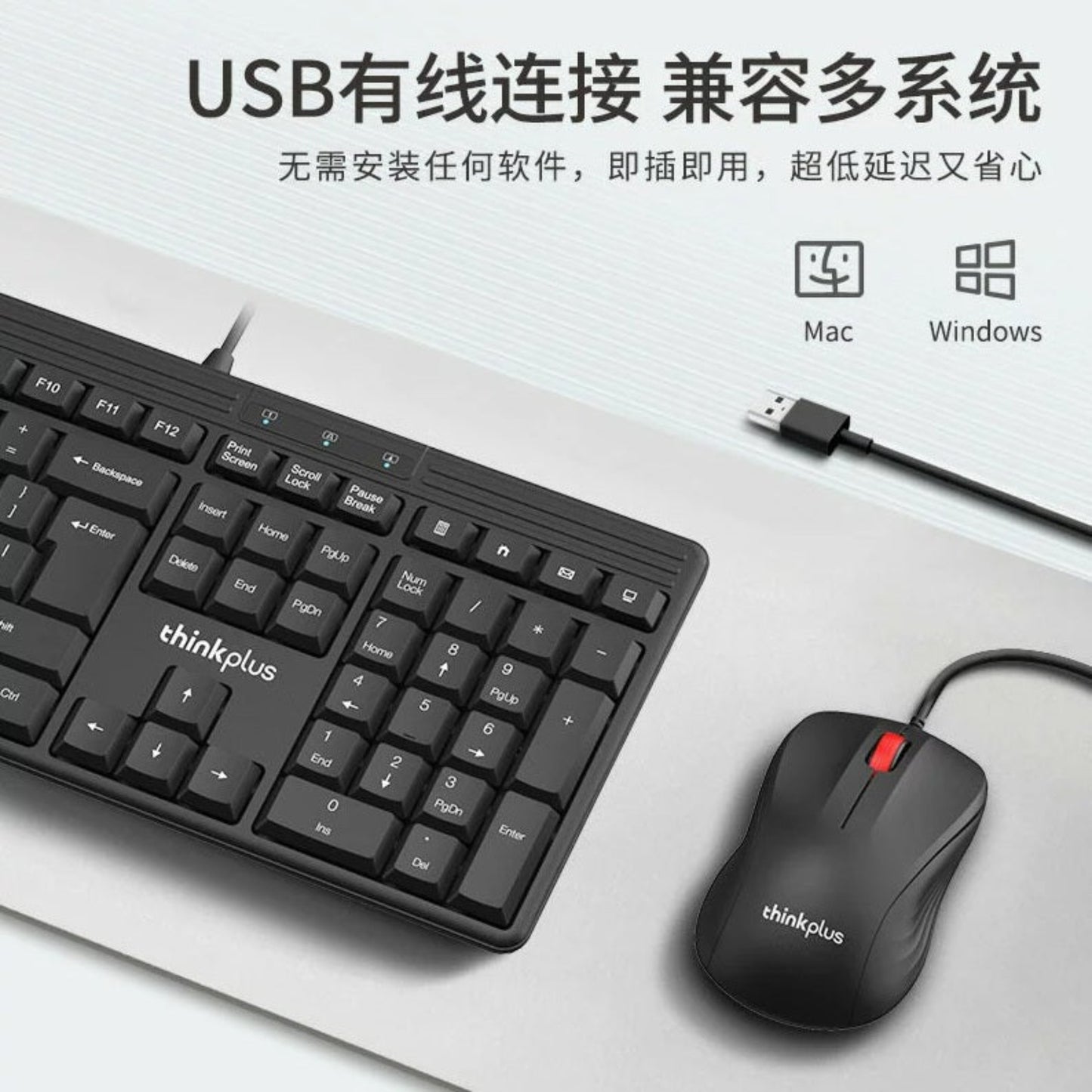 USB connection cable for Lenovo thinkplus KM110 PRO showing plug and play compatibility for Mac and Windows.