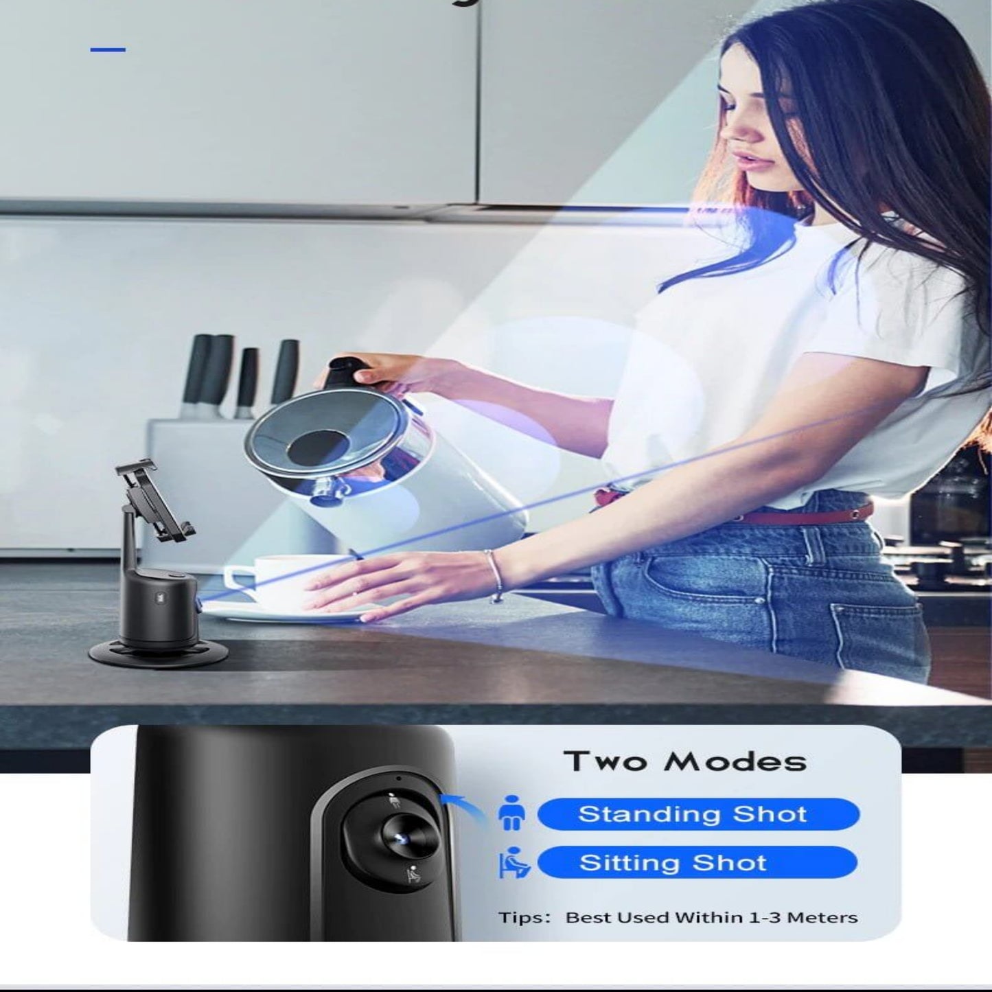 Auto Tracking Phone Holder, Auto Face Tracking Tripod - Black in use with adjustable lens, featuring standing and sitting shot modes.
