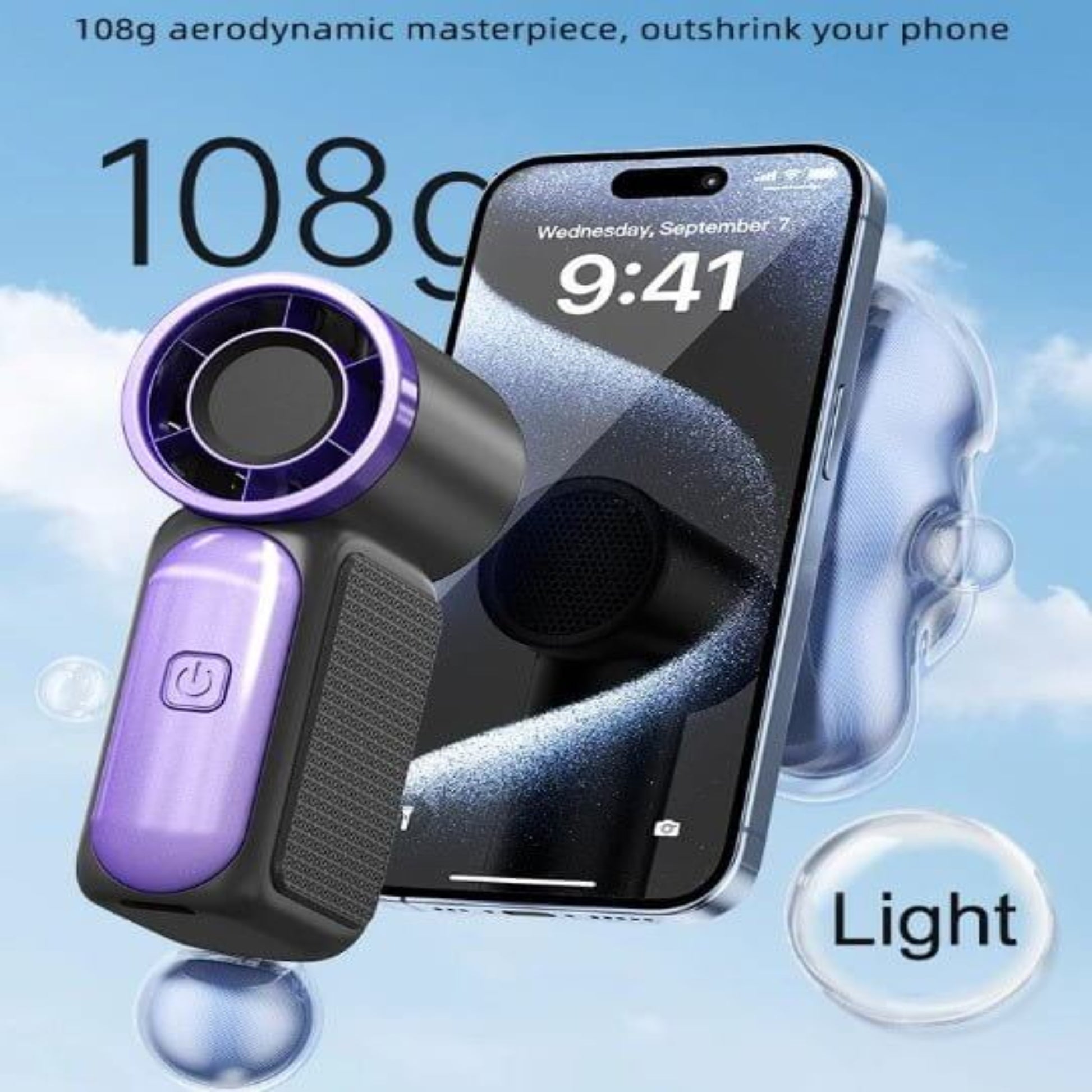 Pocket Powerhouse: 100-speed mini handheld fan beside a smartphone, highlighting its lightweight and portable design.