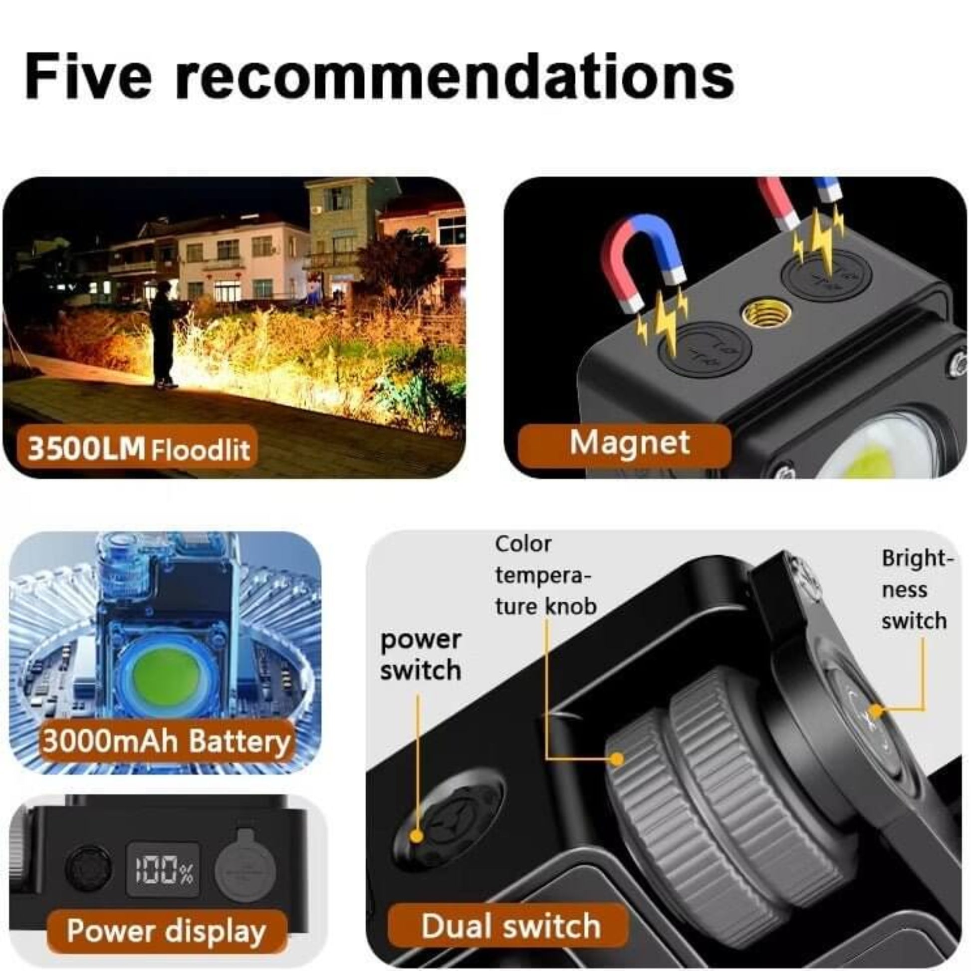 LiitoKala 3500LM Portable LED light features: floodlit environment, strong magnet, 3000mAh battery, dual and brightness switches.