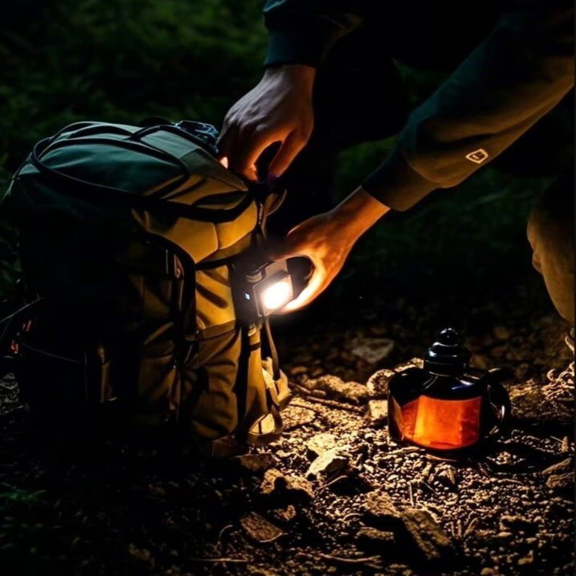 Person illuminating a backpack with a bright LED light while camping at night.